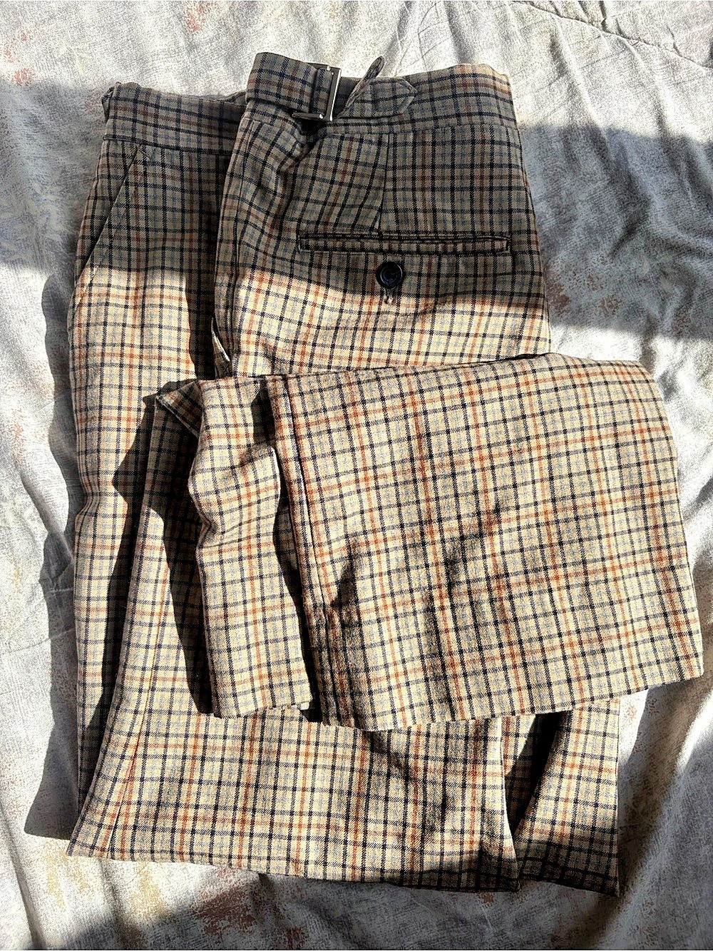 Hughes & Hatcher Plaid Wool Trousers in Brown & Blue Like New
